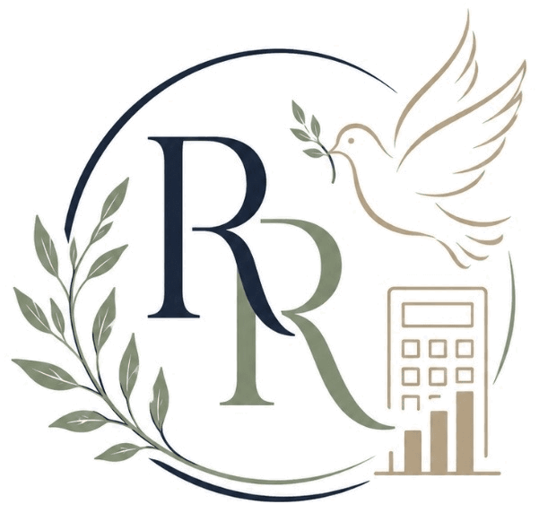 Rest & Reconcile monogram with dove, olive branch and calculator